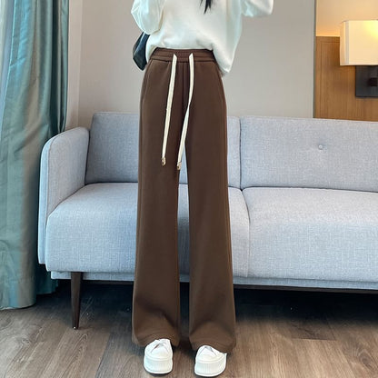 High-Waist Drawstring Fleece Straight Leg Pants SpreePicky