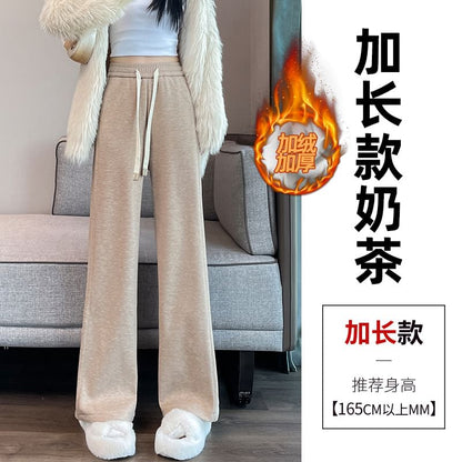 High-Waist Drawstring Fleece Straight Leg Pants SpreePicky