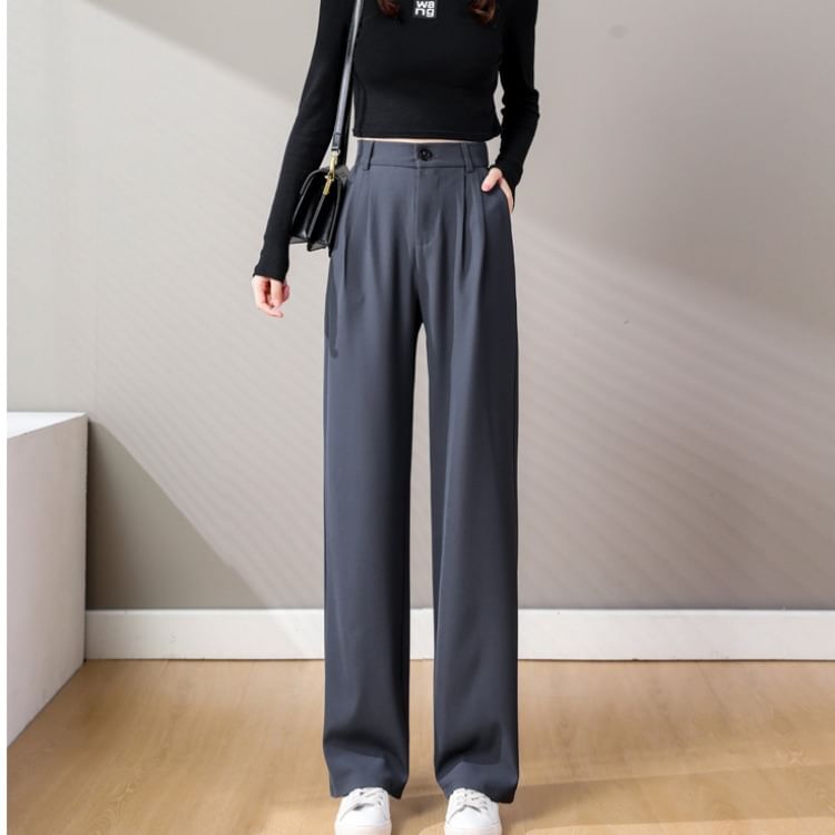 High-Waist Plain Loose Fit Straight Leg Dress Pants SpreePicky