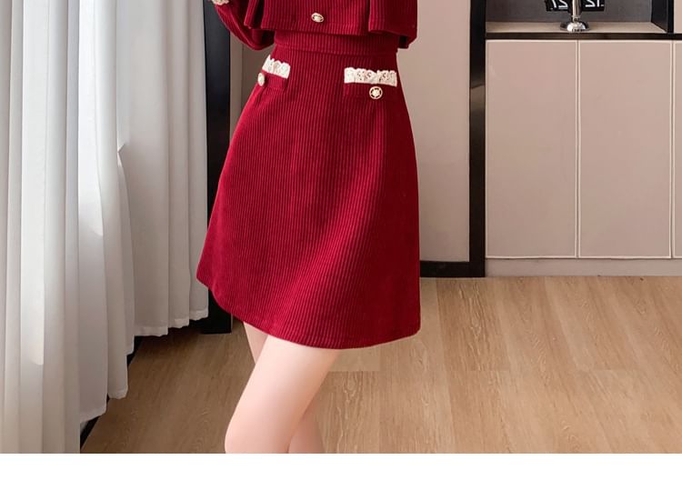 Mock Two-Piece Long-Sleeve V-Neck Lace Trim Corduroy Mini A-Line Dress SpreePicky