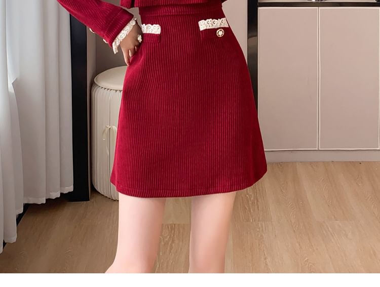 Mock Two-Piece Long-Sleeve V-Neck Lace Trim Corduroy Mini A-Line Dress SpreePicky