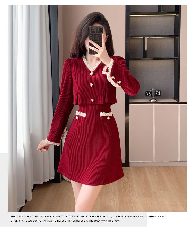 Mock Two-Piece Long-Sleeve V-Neck Lace Trim Corduroy Mini A-Line Dress SpreePicky