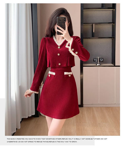 Mock Two-Piece Long-Sleeve V-Neck Lace Trim Corduroy Mini A-Line Dress SpreePicky