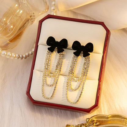 Flocking Bow Rhinestone Chain Alloy Dangle Earring SpreePicky