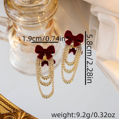 Flocking Bow Rhinestone Chain Alloy Dangle Earring SpreePicky