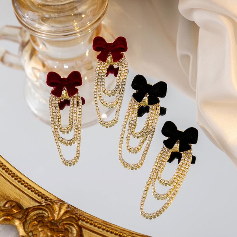 Flocking Bow Rhinestone Chain Alloy Dangle Earring SpreePicky