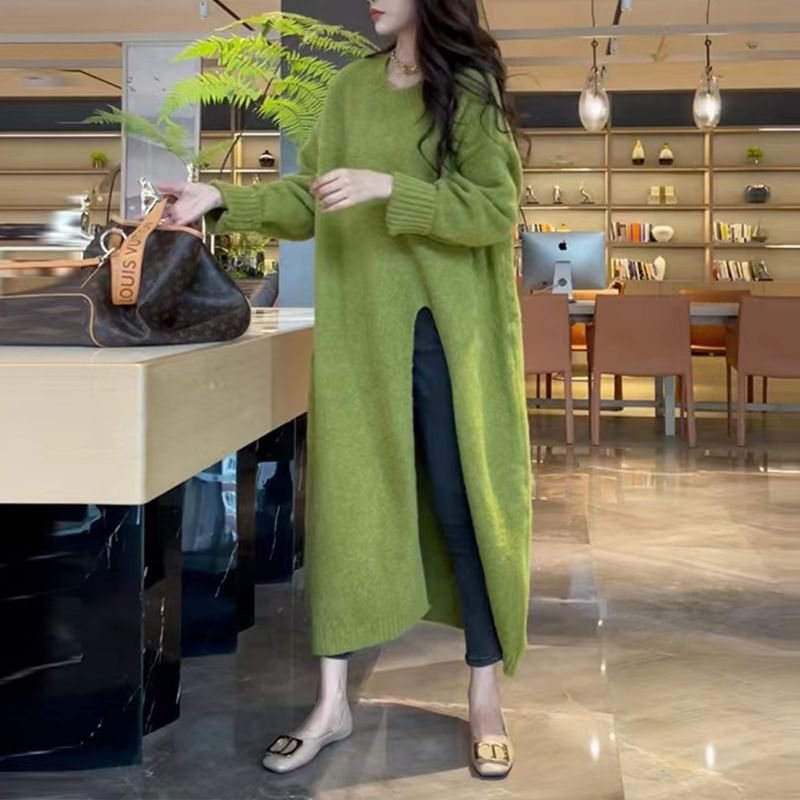 Long-Sleeve Crew Neck Plain Slit Midi Sweater Dress SpreePicky