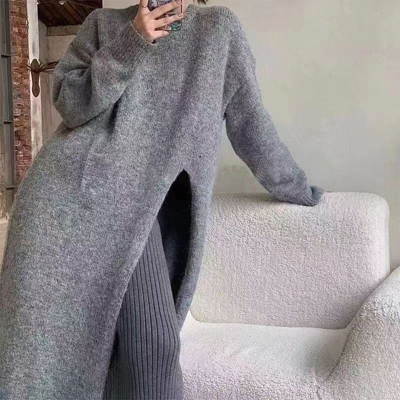 Long-Sleeve Crew Neck Plain Slit Midi Sweater Dress SpreePicky