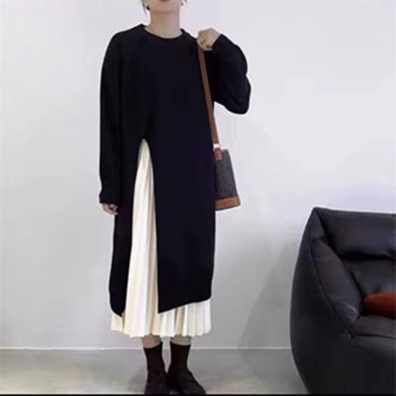 Long-Sleeve Crew Neck Plain Slit Midi Sweater Dress SpreePicky