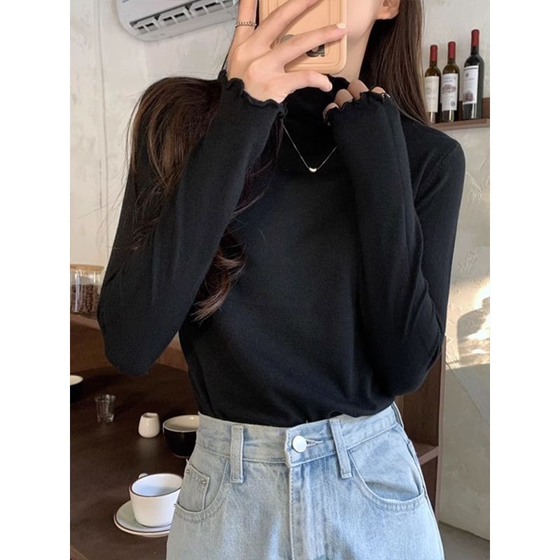 Long-Sleeve High Neck Plain Lettuce Edge Knit Top SpreePicky