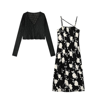 Set: Spaghetti Strap Floral Print Midi Dress + Light Jacket SpreePicky