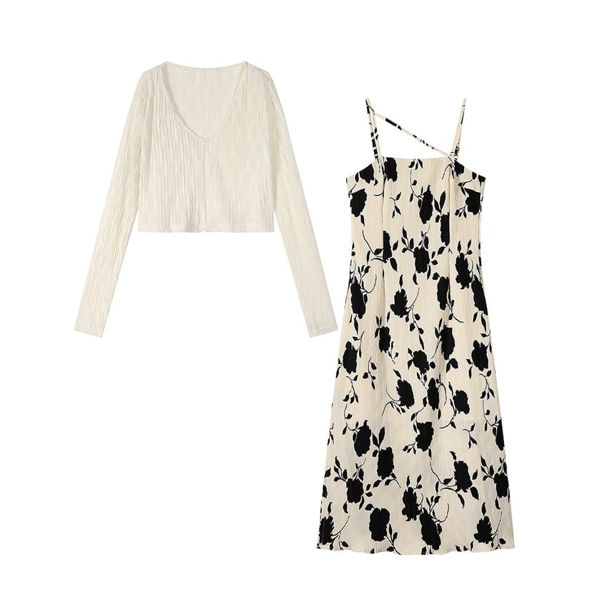 Set: Spaghetti Strap Floral Print Midi Dress + Light Jacket SpreePicky