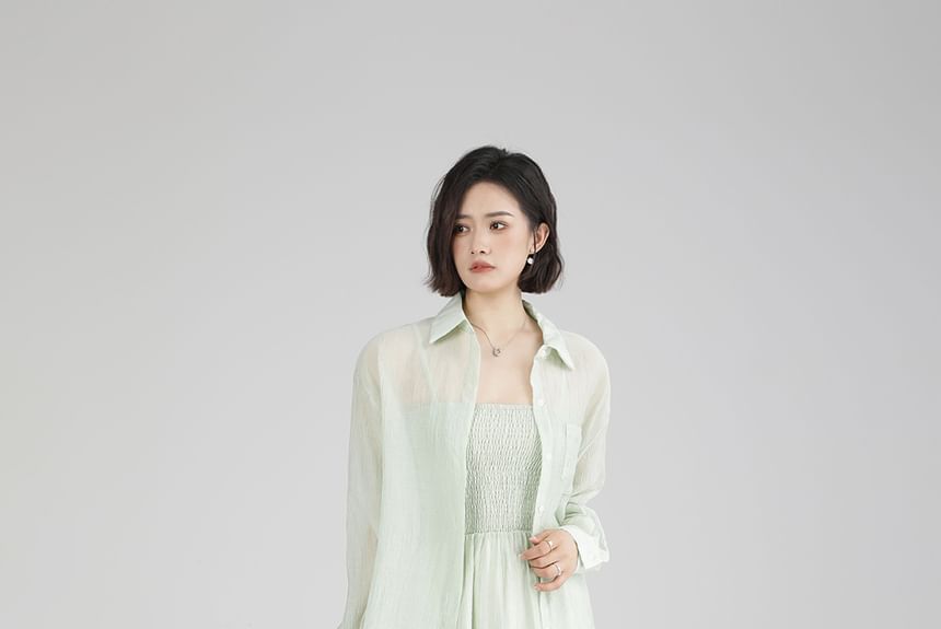 Long-Sleeve Plain Shirt / Spaghetti Strap Plain Maxi A-Line Dress SpreePicky