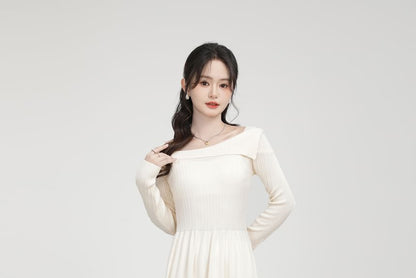 Long-Sleeve Off Shoulder Plain Maxi A-Line Dress SpreePicky