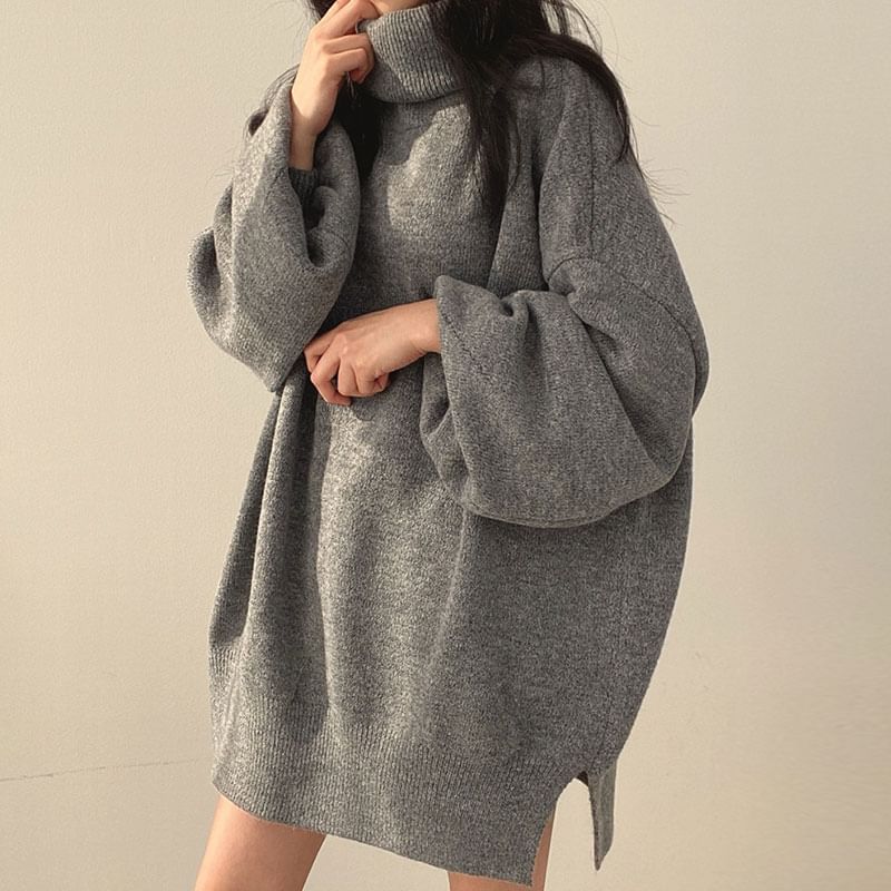 Balloon Sleeve Turtleneck Plain Slit Oversized Sweater SpreePicky