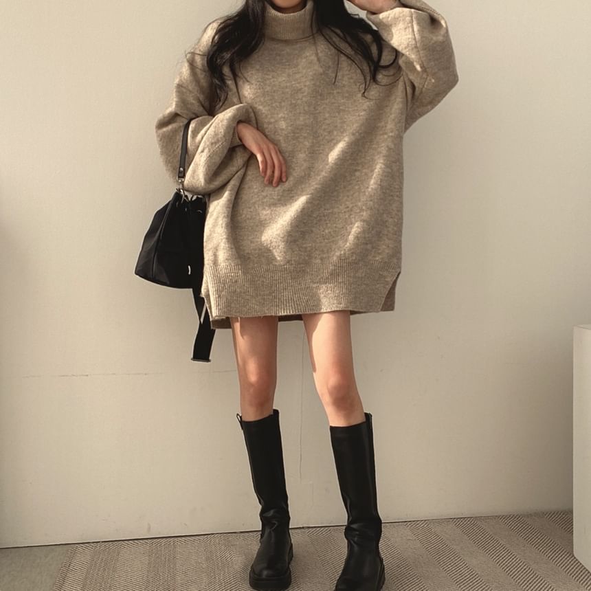 Balloon Sleeve Turtleneck Plain Slit Oversized Sweater SpreePicky