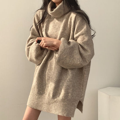 Balloon Sleeve Turtleneck Plain Slit Oversized Sweater SpreePicky