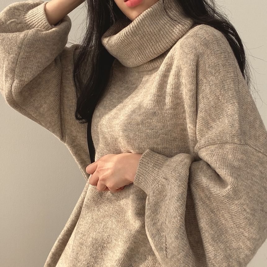 Balloon Sleeve Turtleneck Plain Slit Oversized Sweater SpreePicky