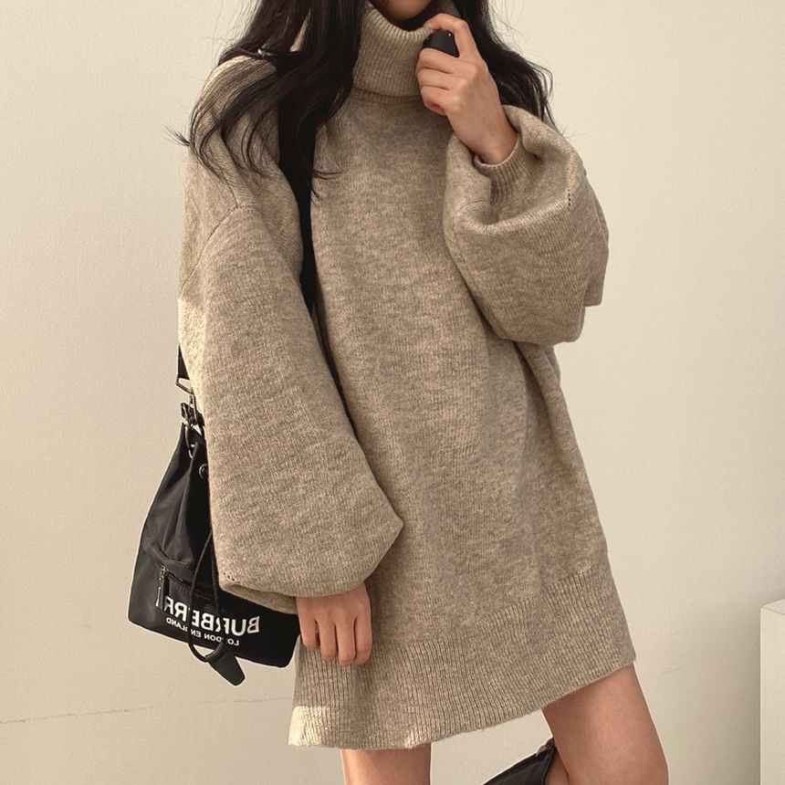 Balloon Sleeve Turtleneck Plain Slit Oversized Sweater SpreePicky