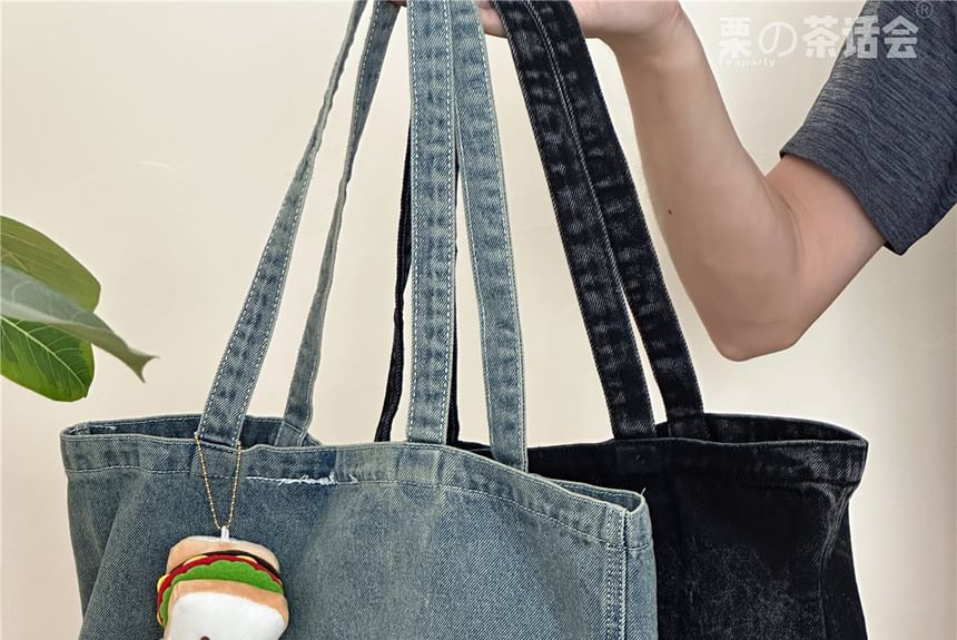 Washed Lettering Denim Tote Bag / Charm / Set SpreePicky