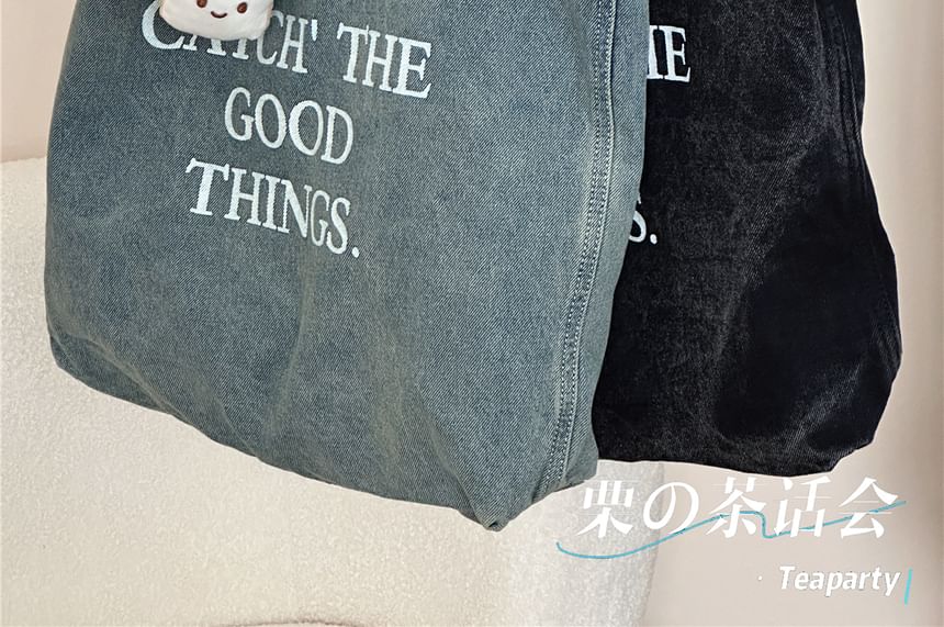 Washed Lettering Denim Tote Bag / Charm / Set SpreePicky