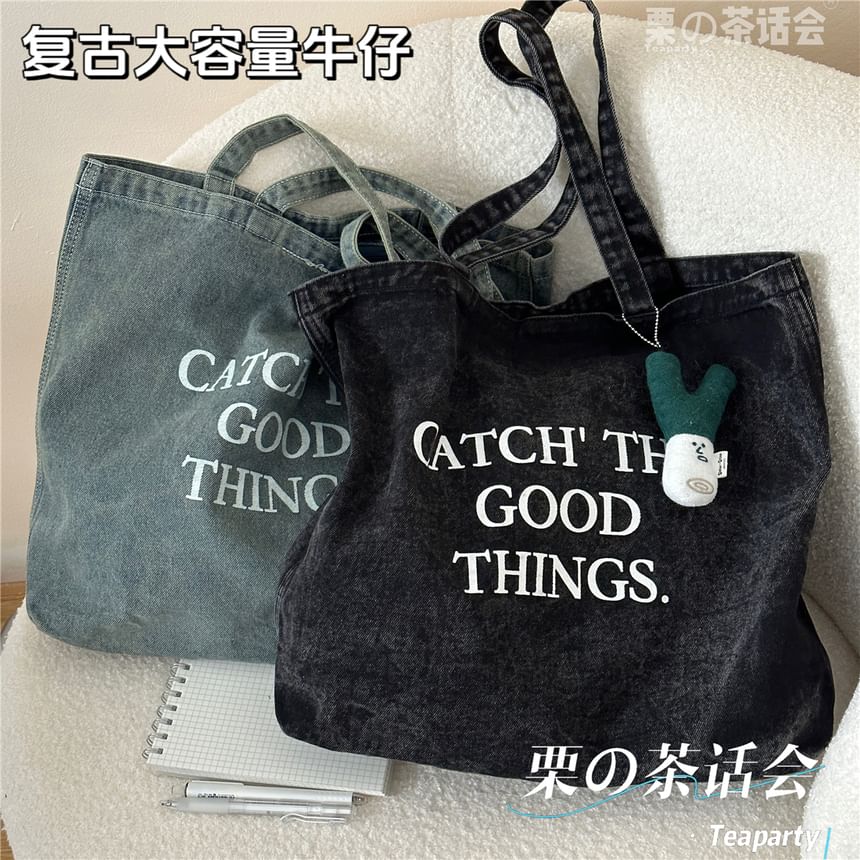 Washed Lettering Denim Tote Bag / Charm / Set SpreePicky