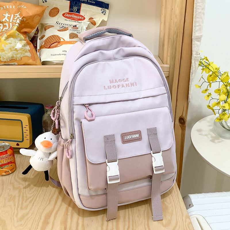 Lettering Paneled Buckled Backpack / Duck Charm / Set SpreePicky