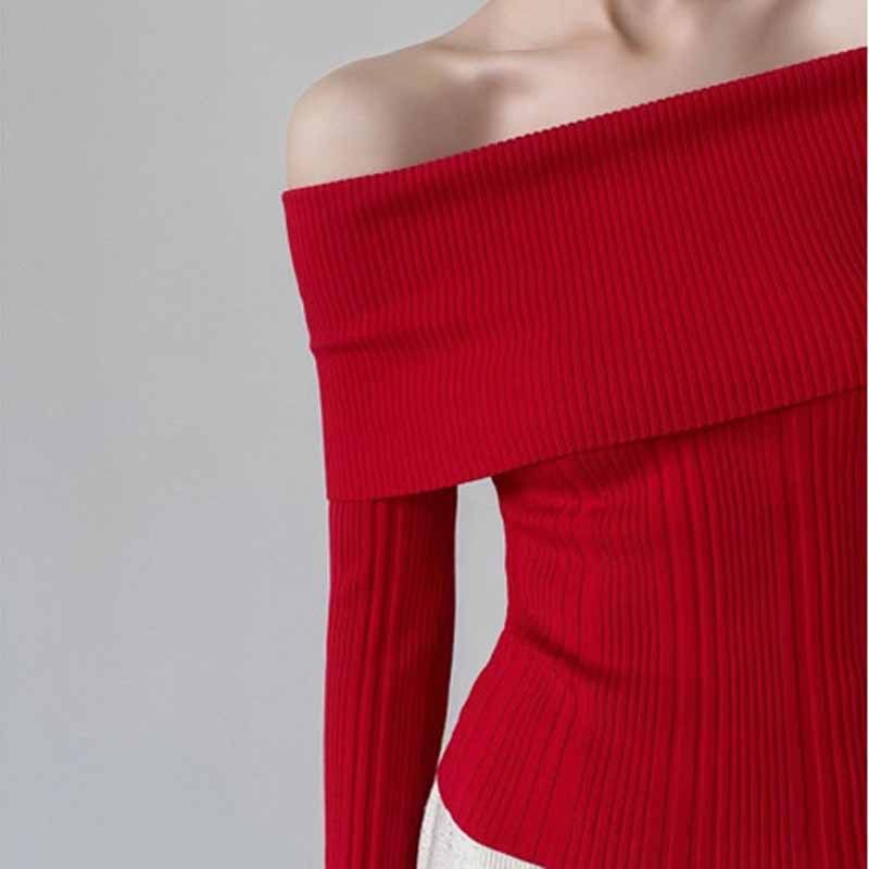 Plain Off Shoulder Ribbed Sweater SpreePicky