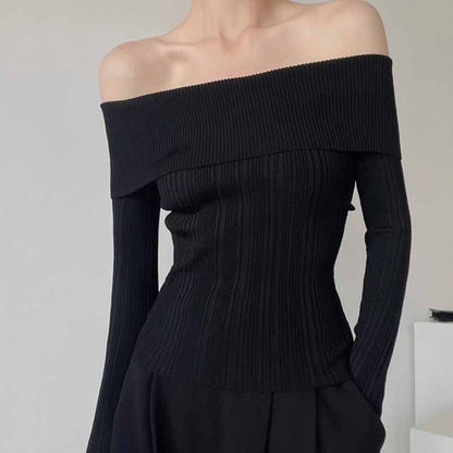 Plain Off Shoulder Ribbed Sweater SpreePicky