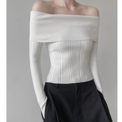 Plain Off Shoulder Ribbed Sweater SpreePicky