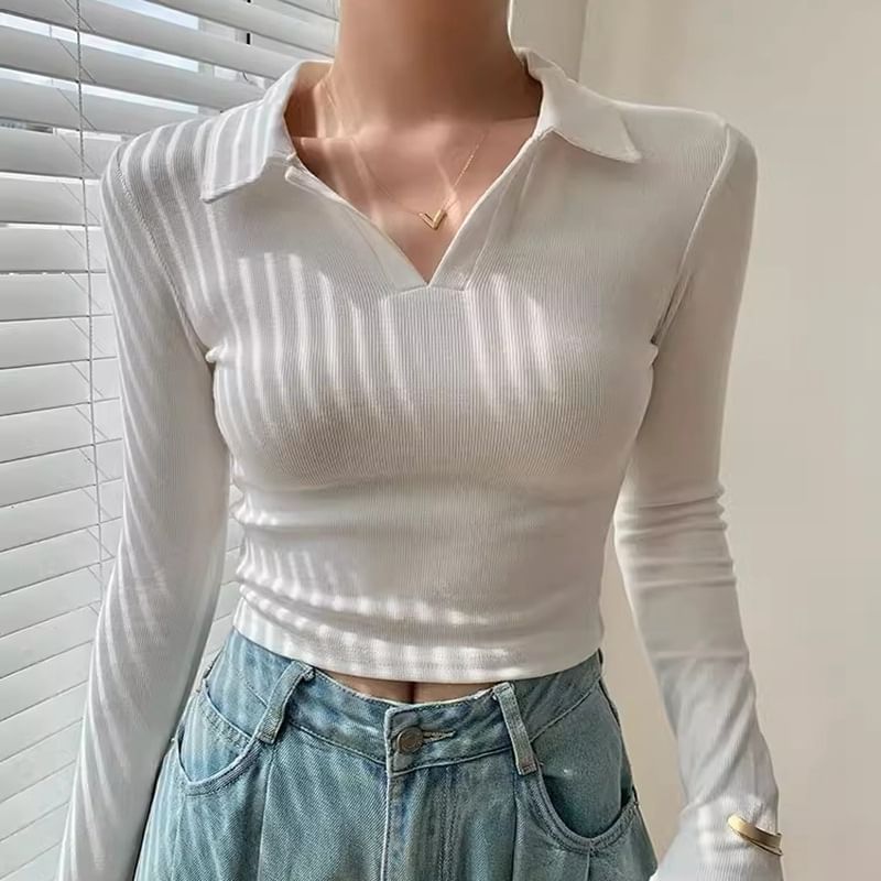 V-Neck Plain Cropped Knit Top SpreePicky