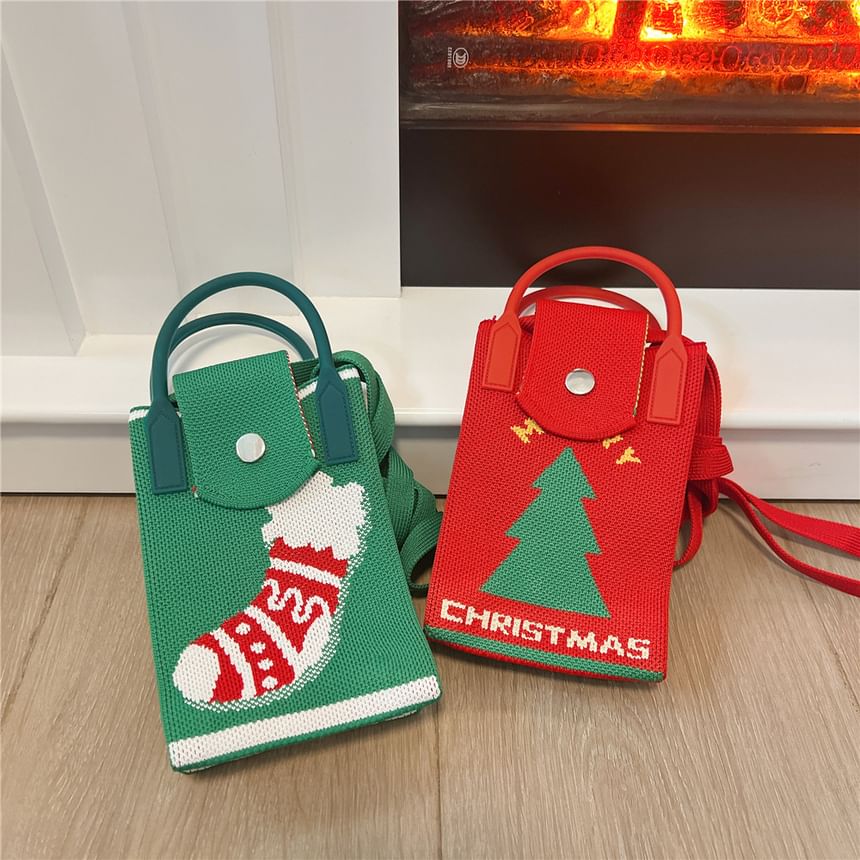 Christmas Print Knit Mobile Phone Crossbody Bag SpreePicky