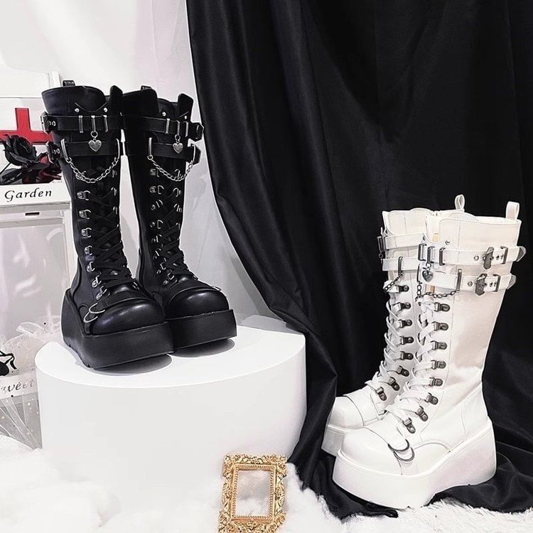 Platform Plain Lace Up Mid Calf Boots mySite