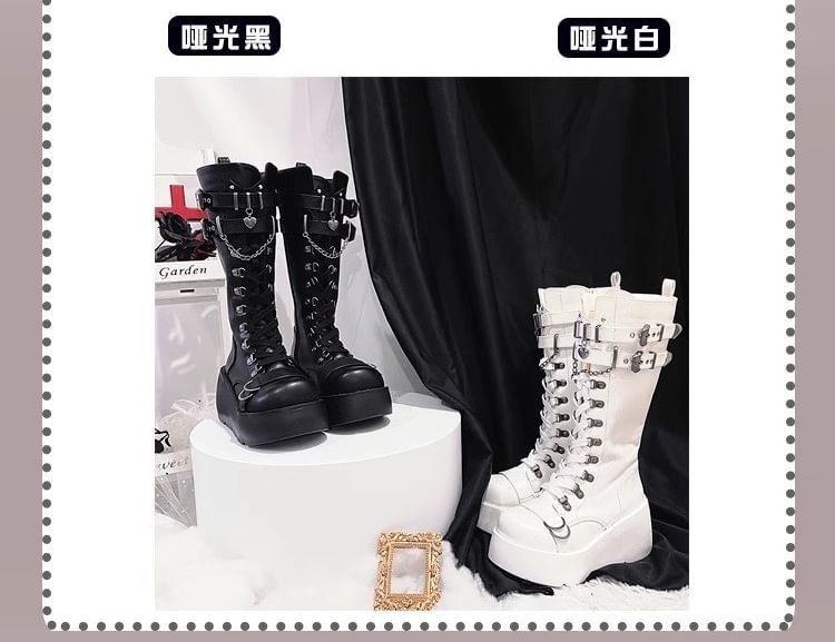 Platform Plain Lace Up Mid Calf Boots mySite