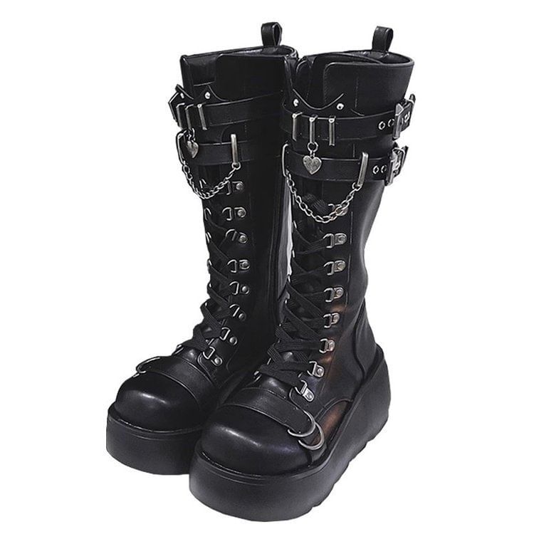 Platform Plain Lace Up Mid Calf Boots mySite