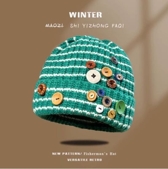 Button Striped Beanie SpreePicky