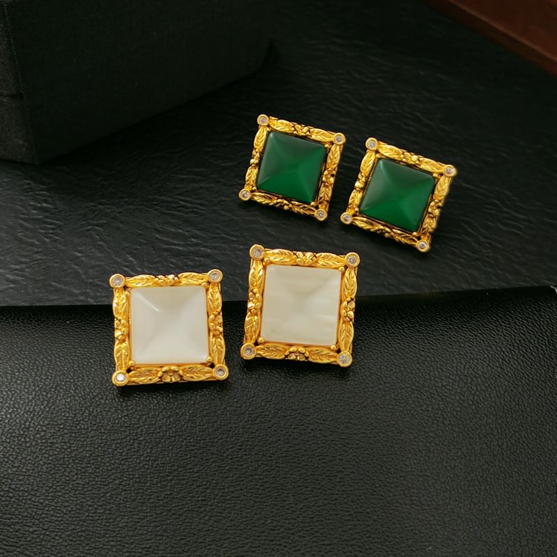 Square Faux Cat Eye Stone Rhinestone Alloy Stud Earring SpreePicky