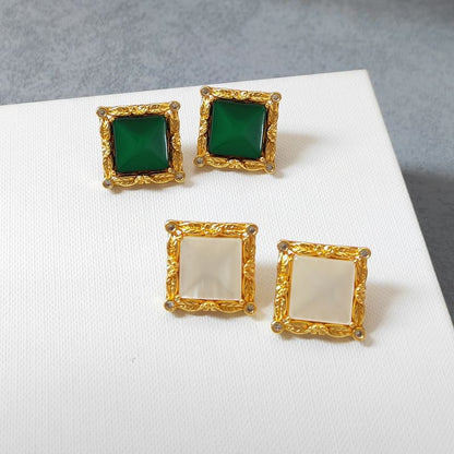 Square Faux Cat Eye Stone Rhinestone Alloy Stud Earring SpreePicky