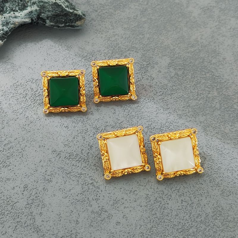 Square Faux Cat Eye Stone Rhinestone Alloy Stud Earring SpreePicky