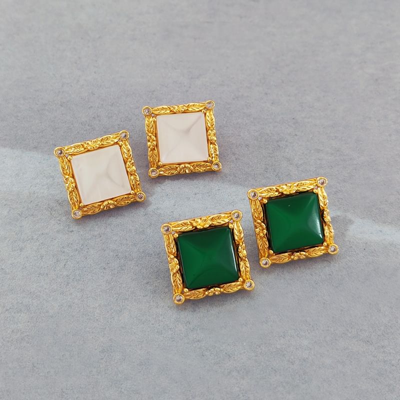 Square Faux Cat Eye Stone Rhinestone Alloy Stud Earring SpreePicky