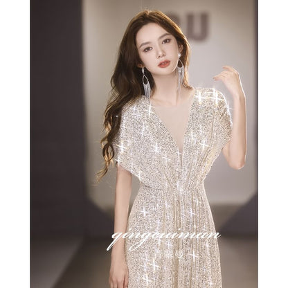 Short-Sleeve V-Neck Plain Sequin A-Line Evening Gown SpreePicky