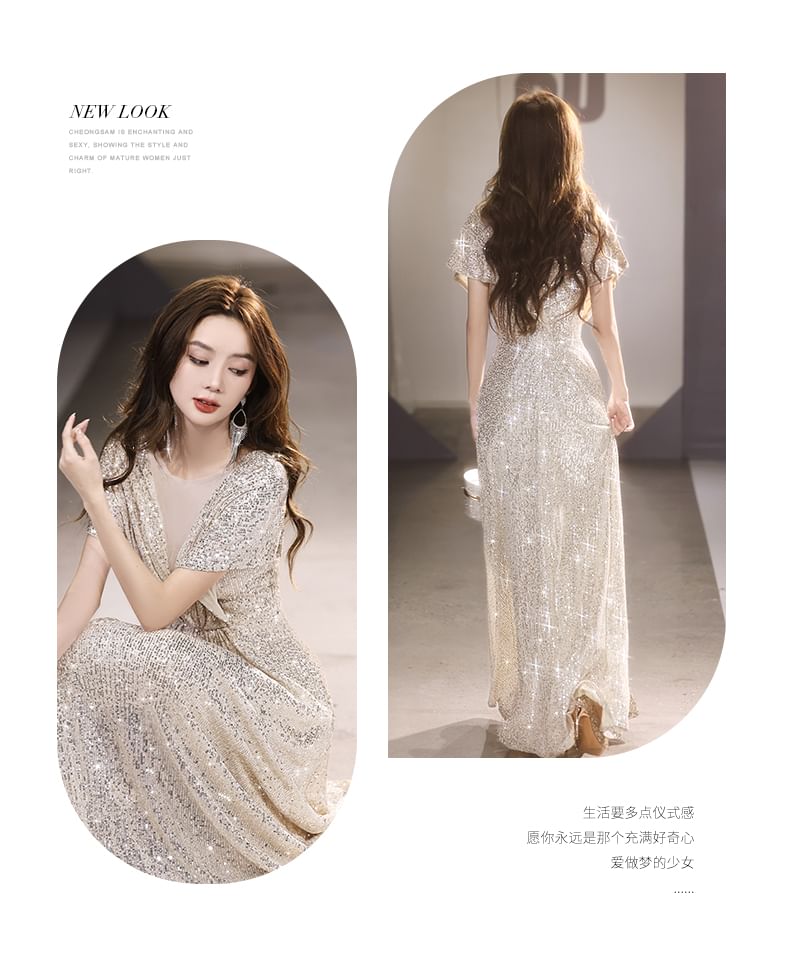 Short-Sleeve V-Neck Plain Sequin A-Line Evening Gown SpreePicky