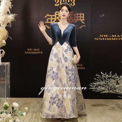 Elbow-Sleeve V-Neck Velvet Panel Floral Jacquard Mesh A-Line Evening Gown SpreePicky