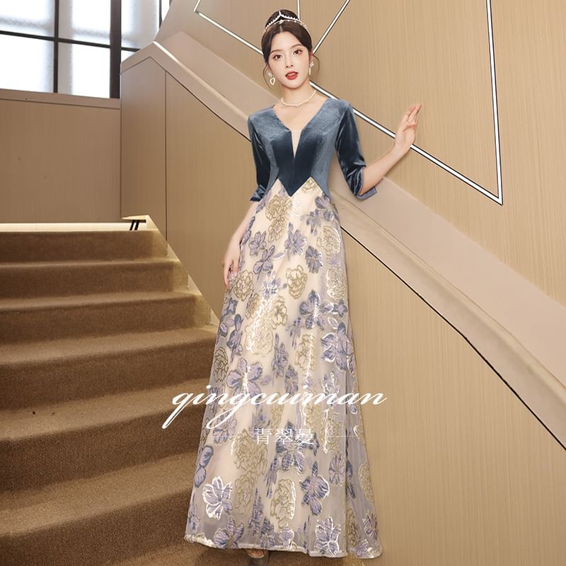 Elbow-Sleeve V-Neck Velvet Panel Floral Jacquard Mesh A-Line Evening Gown SpreePicky