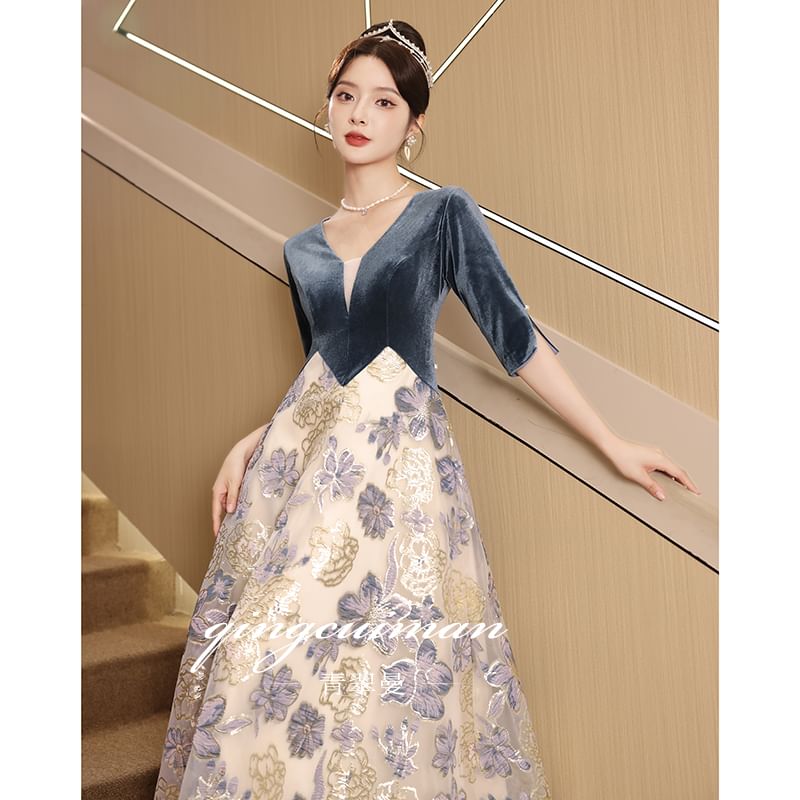 Elbow-Sleeve V-Neck Velvet Panel Floral Jacquard Mesh A-Line Evening Gown SpreePicky