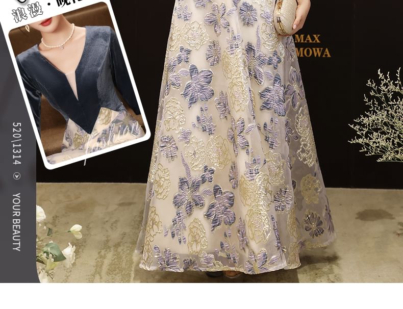 Elbow-Sleeve V-Neck Velvet Panel Floral Jacquard Mesh A-Line Evening Gown SpreePicky