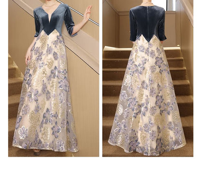 Elbow-Sleeve V-Neck Velvet Panel Floral Jacquard Mesh A-Line Evening Gown SpreePicky