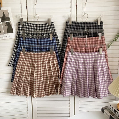 High Waist Plaid Pleated Mini A-Line Knit Skirt mySite