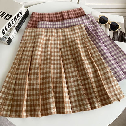 High Waist Plaid Pleated Mini A-Line Knit Skirt mySite