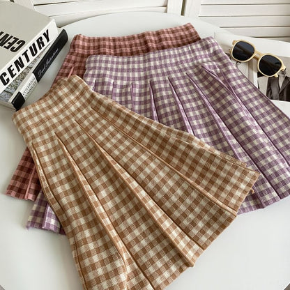 High Waist Plaid Pleated Mini A-Line Knit Skirt mySite